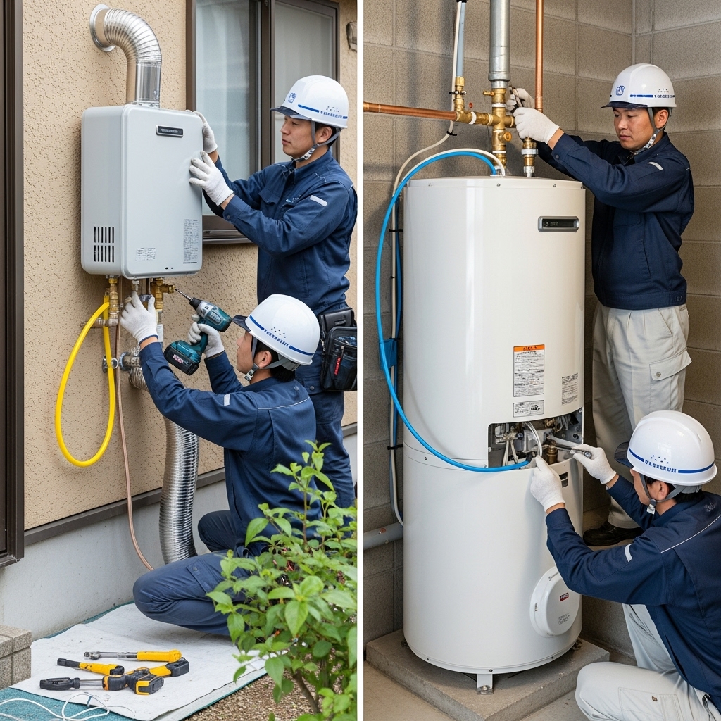 ガス給湯器と電気温水器の交換時間の違いに関する画像