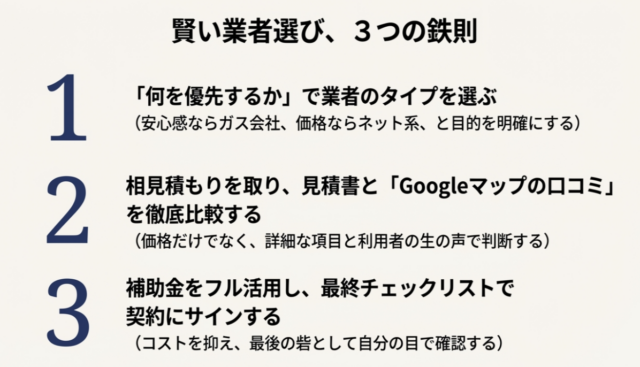 優先順位の明確化、相見積もりと口コミ確認、補助金活用と最終チェックという、業者選びを成功させる3つのポイント