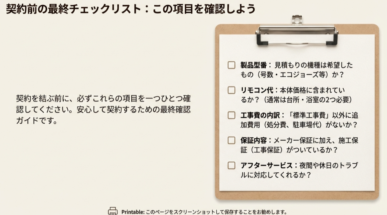 製品型番、リモコン代の有無、工事費の内訳、保証内容など、契約書にサインする前に確認すべき項目をリスト化したスライド。