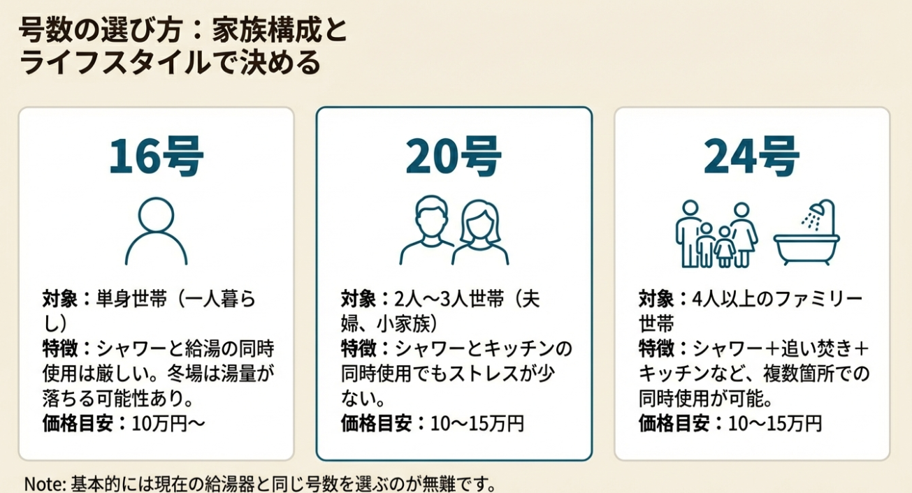 16号（単身向け）、20号（2〜3人向け）、24号（4人以上ファミリー向け）それぞれの特徴と推奨世帯を図解した比較表。