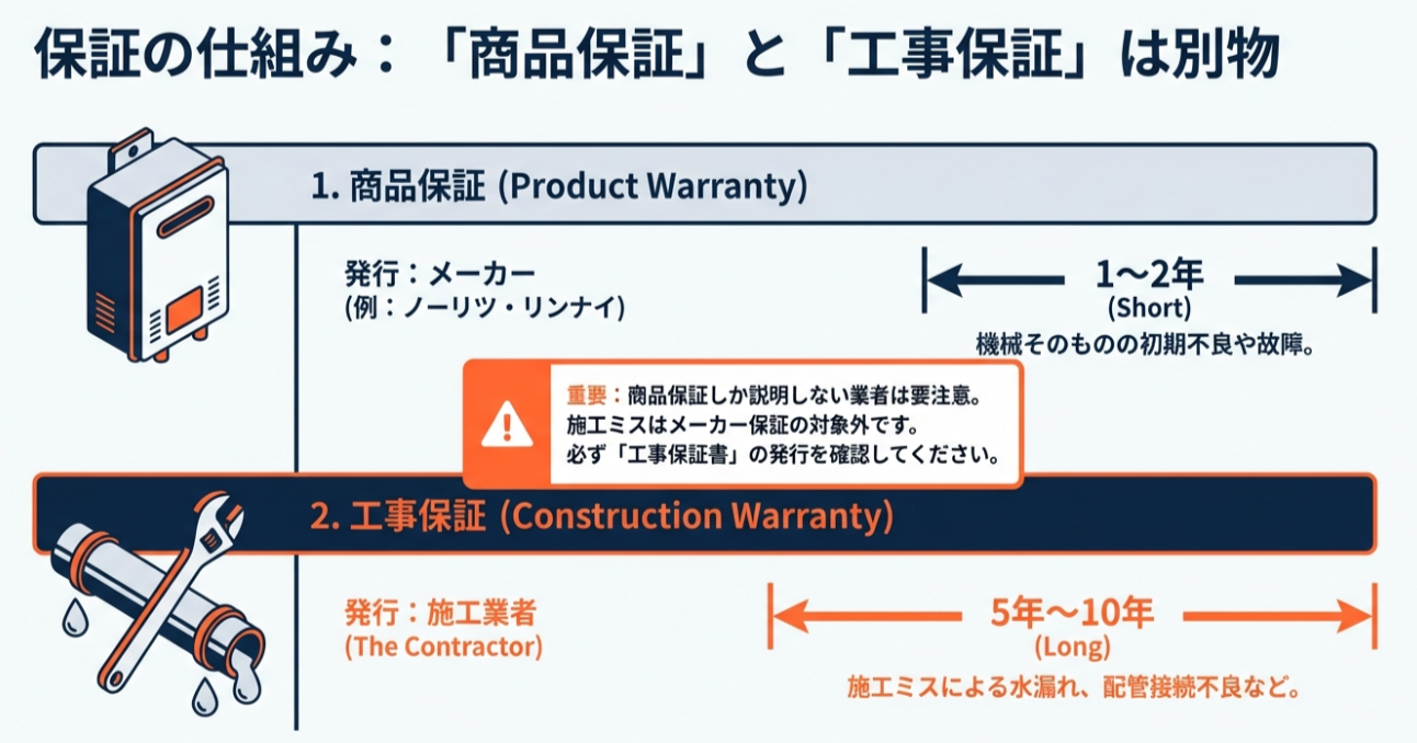 メーカーが対応する商品保証（1?2年）と、施工業者が対応する工事保証（5?10年）の違いと、ダブル保証の重要性