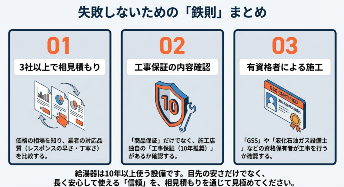 相見積もりをとる、工事保証を確認する、有資格者による施工を確認する、の3点をまとめた重要ポイント