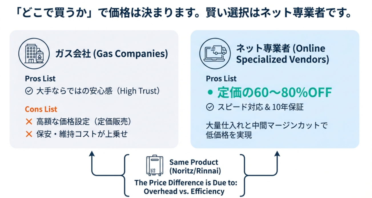 大手ガス会社は安心感があるが高額。ネット専業者は大量仕入れと中間マージンカットにより定価の60〜80%OFFを実現できることを示す比較図。