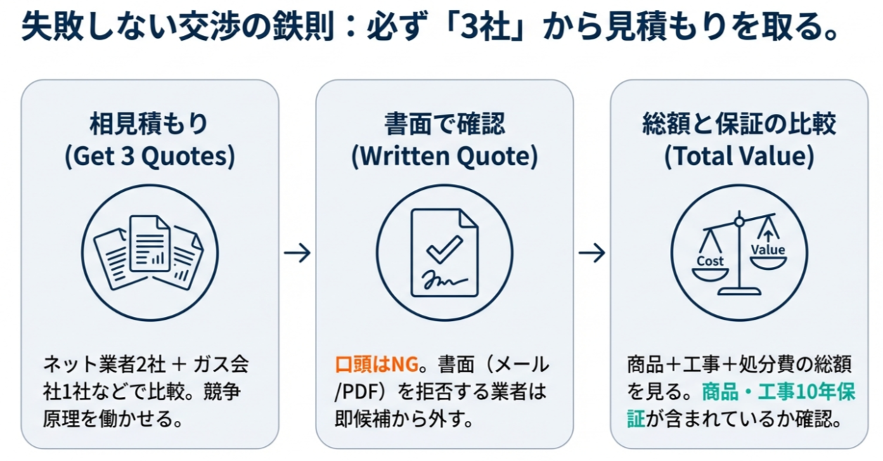 必ず3社から相見積もりを取り、価格だけでなく保証内容や総額で比較検討することの重要性を説く天秤のイラスト。