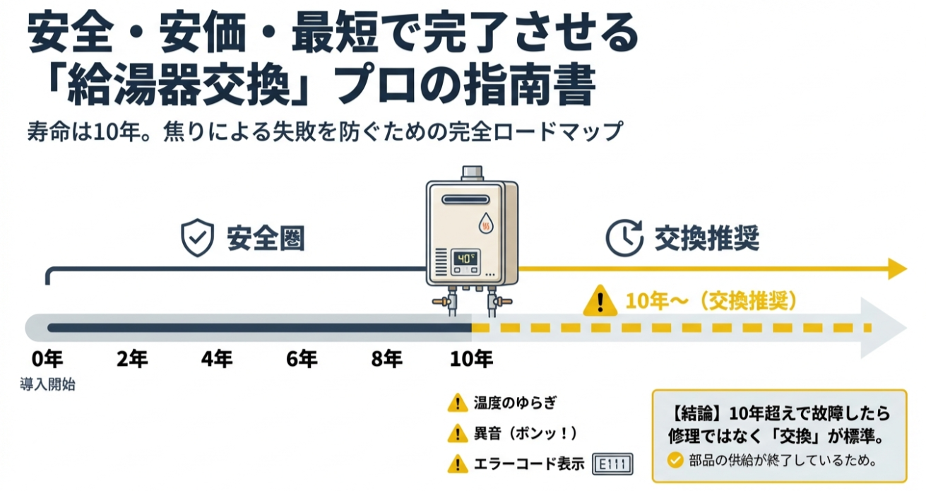 給湯器導入から10年間のタイムライン。安全圏から、エラーや異音が発生しやすくなる10年目以降の「交換推奨期」への移行を示した図。