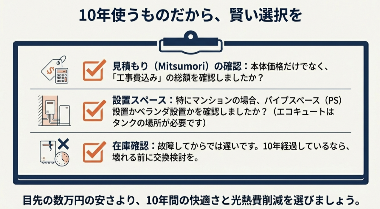 見積もりの総額確認、設置スペースの確認、在庫確認など、給湯器交換で失敗しないための最終チェックポイント。