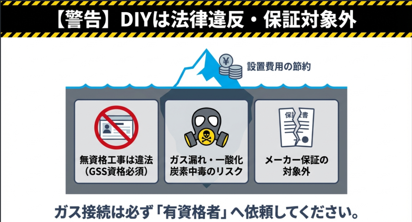 DIY禁止の警告図。無資格工事の違法性、ガス漏れや一酸化炭素中毒のリスク、メーカー保証の対象外になるという3つのデメリットを強調している。