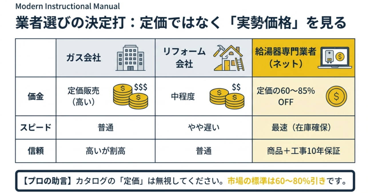 ガス会社、リフォーム会社、給湯器専門業者（ネット）の3社を比較した図。専門業者は定価の60〜85%OFFでスピードが速いこと、ガス会社は信頼性が高いが割高であることを示している。
