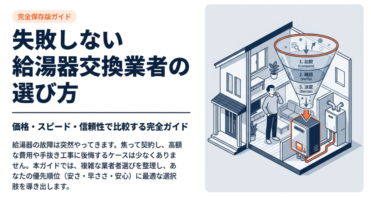 多数の業者から比較、確認、決定というプロセスを経て最適な給湯器交換業者を選ぶイメージ図