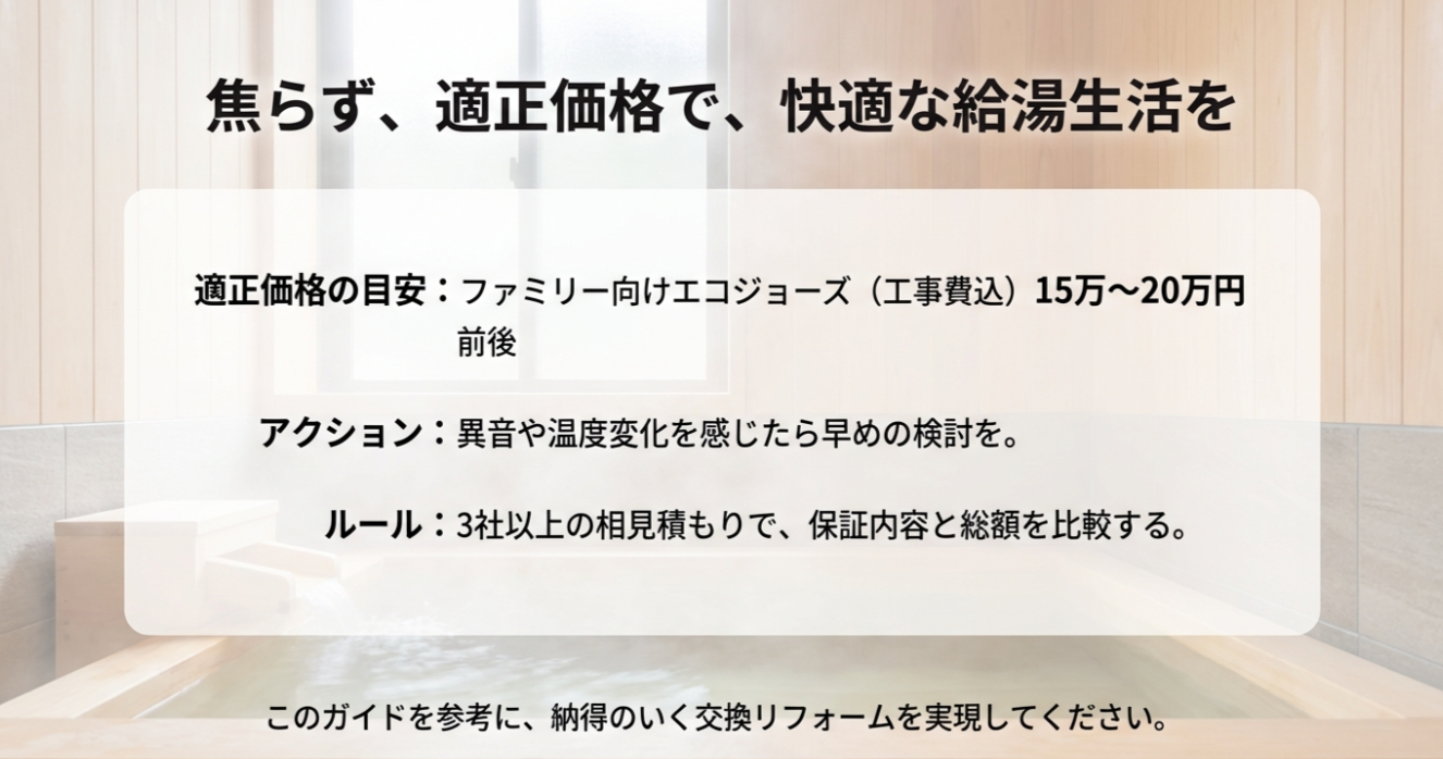 適正価格の目安（15〜20万円前後）、異音時の対応、相見積もりの重要性など、記事全体の要点をまとめた結論スライド。