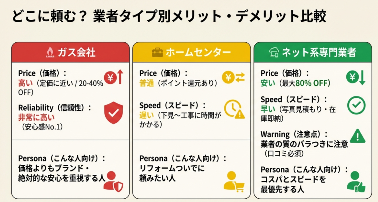 給湯器交換業者3タイプ（ネット系、ガス会社、ホームセンター）の価格、信頼性、スピードを比較し、それぞれのメリット・デメリットをまとめたチャート。