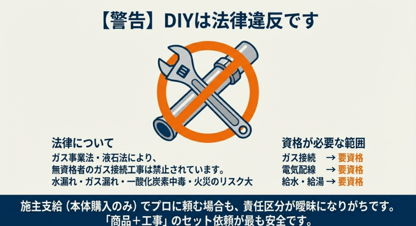 工具のイラストに禁止マークが重ねられた警告画像。ガス事業法や液石法により、無資格者のガス接続や電気配線工事は禁止されていること、水漏れや火災のリスクがあることを明記している。