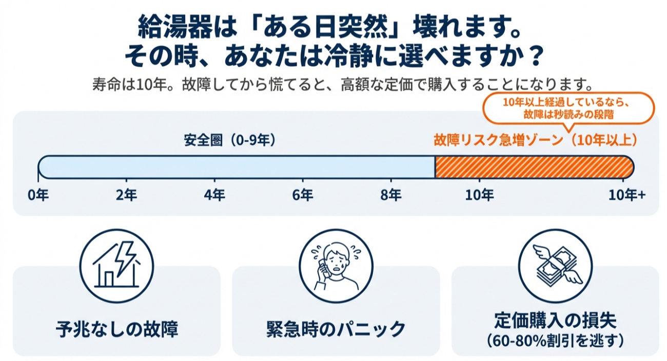 給湯器の寿命は10年。故障してから慌てると高額な定価で購入することになり、60〜80%の割引を逃してしまうリスクがあることを示すイラスト図解。