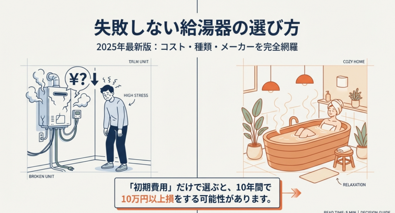 給湯器が故障して困っている男性のイラストと、新しい給湯器で快適に入浴している女性のイラストの対比。