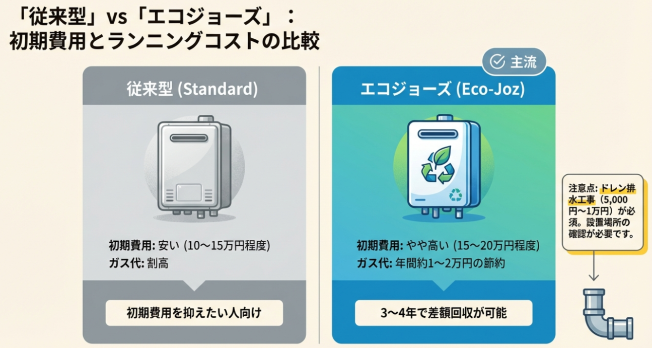 従来型とエコジョーズの初期費用とガス代（ランニングコスト）を比較。エコジョーズは初期費用が高いが年間約1〜2万円節約でき、ドレン排水工事が必要であることを解説。