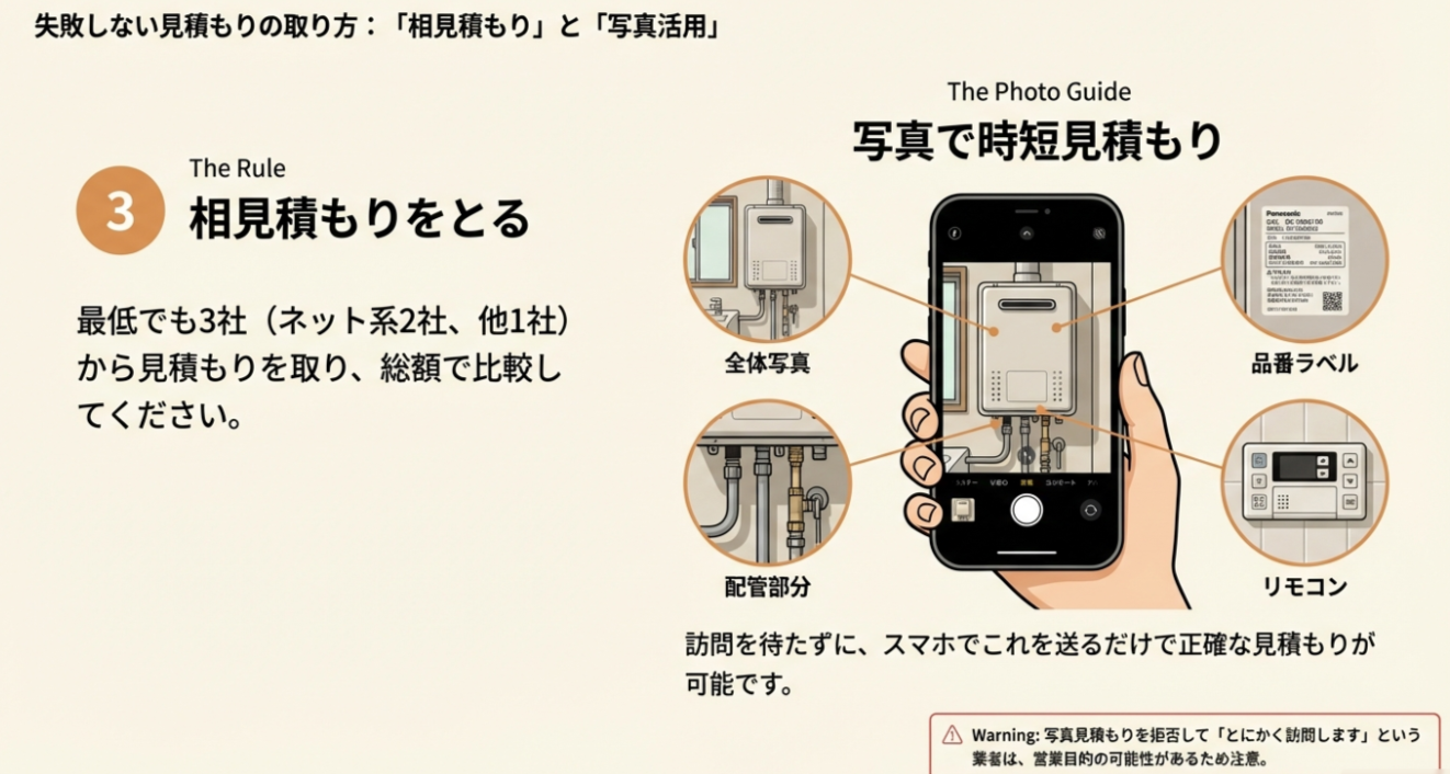 見積もり依頼時にスマホで撮影すべき4箇所（全体、配管、品番ラベル、リモコン）を示し、訪問なしで正確な見積もりを取る方法を解説したスライド。