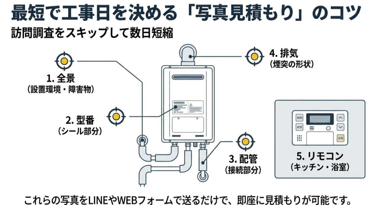 給湯器のイラストに撮影箇所を示した図。1.全景、2.型番シール、3.配管接続部分、4.排気形状、5.リモコン（キッチン・浴室）の5箇所を撮影することで、訪問なしで見積もりが可能になる。
