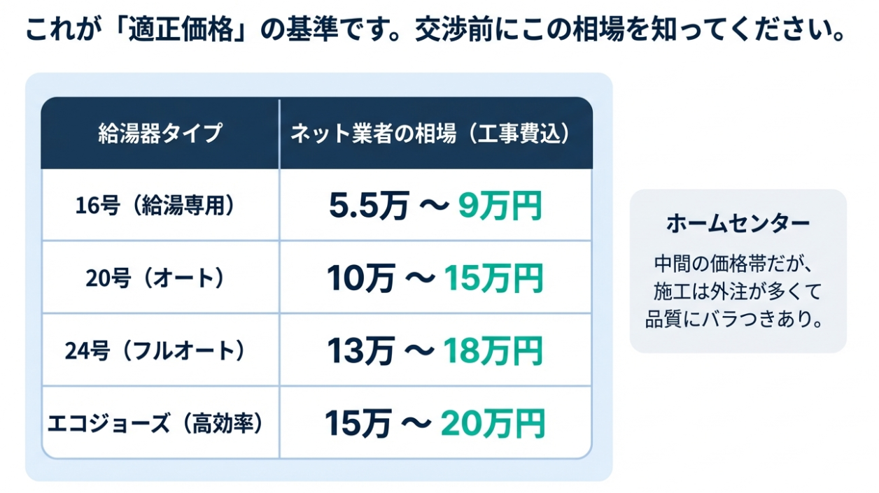給湯器タイプ別（16号、20号、24号、エコジョーズ）のネット業者における工事費込みの相場価格一覧表。