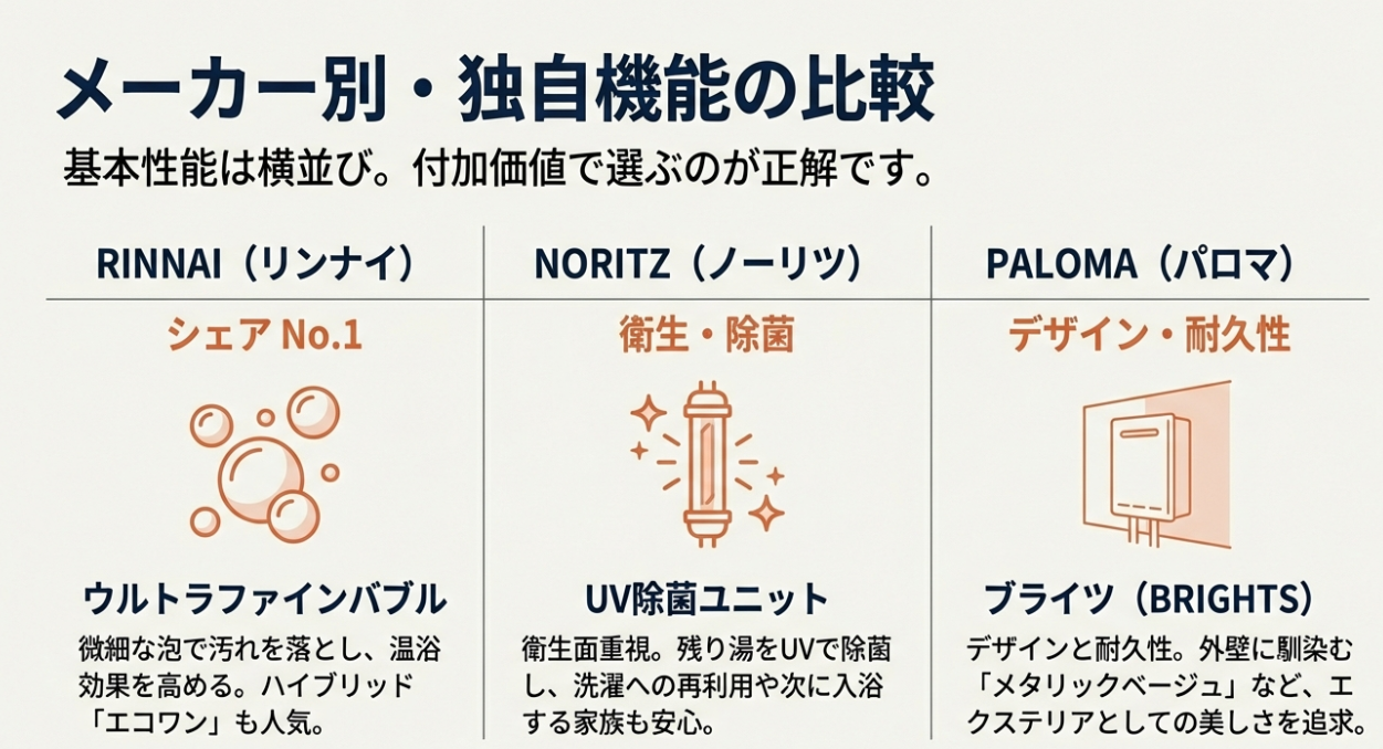 リンナイのウルトラファインバブル、ノーリツのUV除菌、パロマのデザイン性など、各社の独自機能を比較した表。
