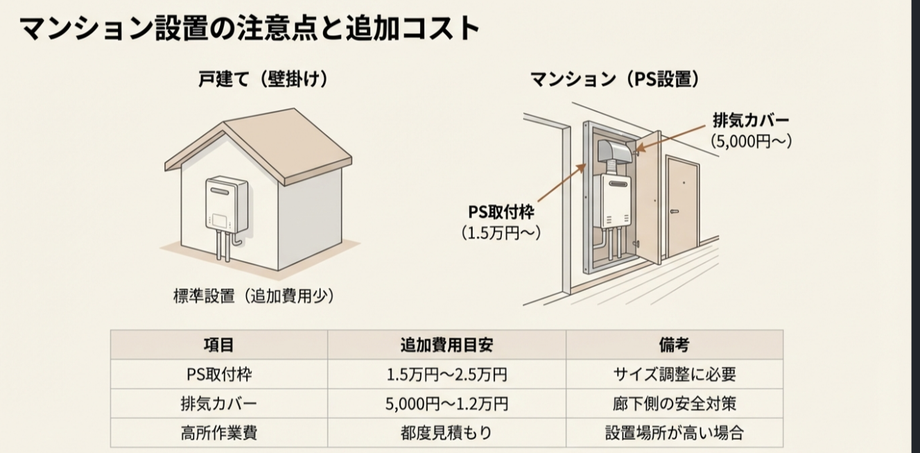 戸建て住宅の壁掛け設置と、マンションのパイプスペース（PS）設置の違いを図解。PS取付枠や排気カバーなどの追加部材にかかる費用目安を示したスライド。
