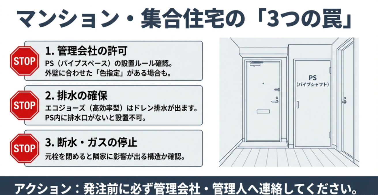 マンションの玄関前パイプシャフト（PS）のイラストと共に、管理会社の許可、エコジョーズ排水の確保、断水・ガス停止時の近隣への配慮が必要であることを警告する図。