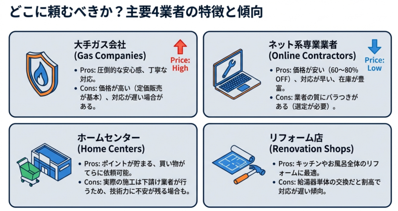 大手ガス会社、ネット系業者、ホームセンター、リフォーム店の価格・スピード・信頼性のメリットとデメリット比較表