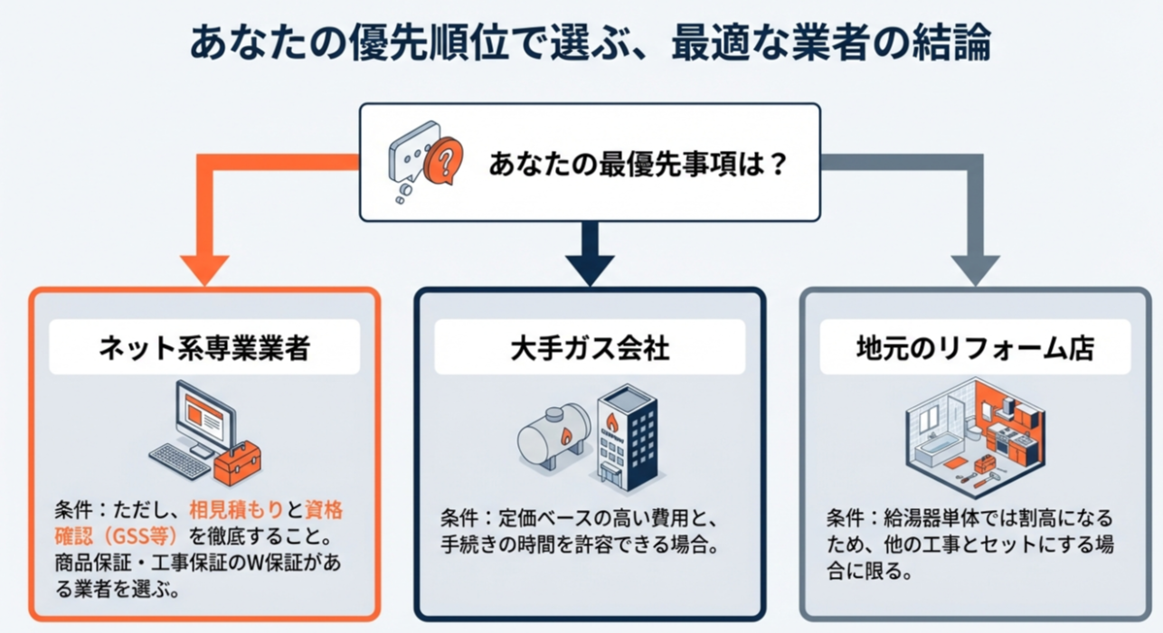 安さ重視ならネット業者、安心重視ならガス会社など、ユーザーの優先順位に応じた最適な依頼先の選び方フローチャート