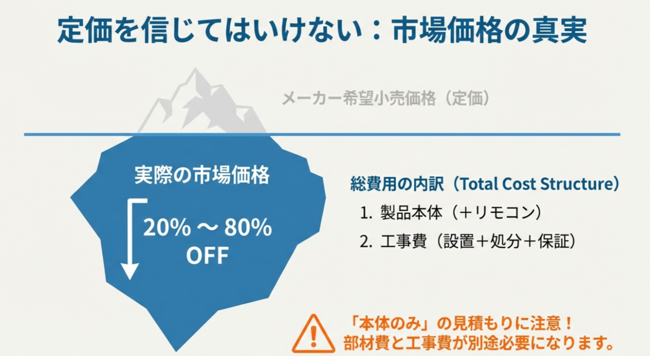給湯器のメーカー希望小売価格（定価）と実際の市場価格の差を示した図。市場価格は定価の20〜80%OFFになることや、総費用には製品代だけでなく工事費が含まれることを解説している。