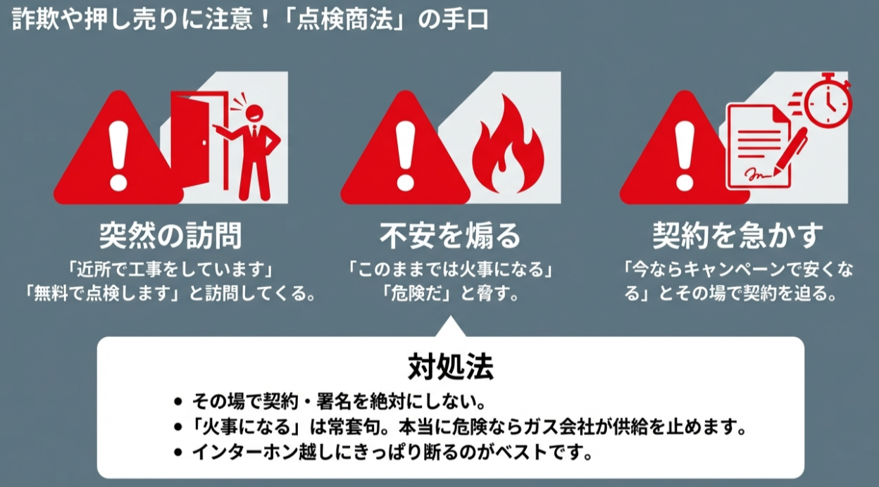 「無料で点検します」という訪問や、「火事になる」と不安を煽る手口、契約を急かすなどの「点検商法」の特徴と対処法をまとめた警告スライド。