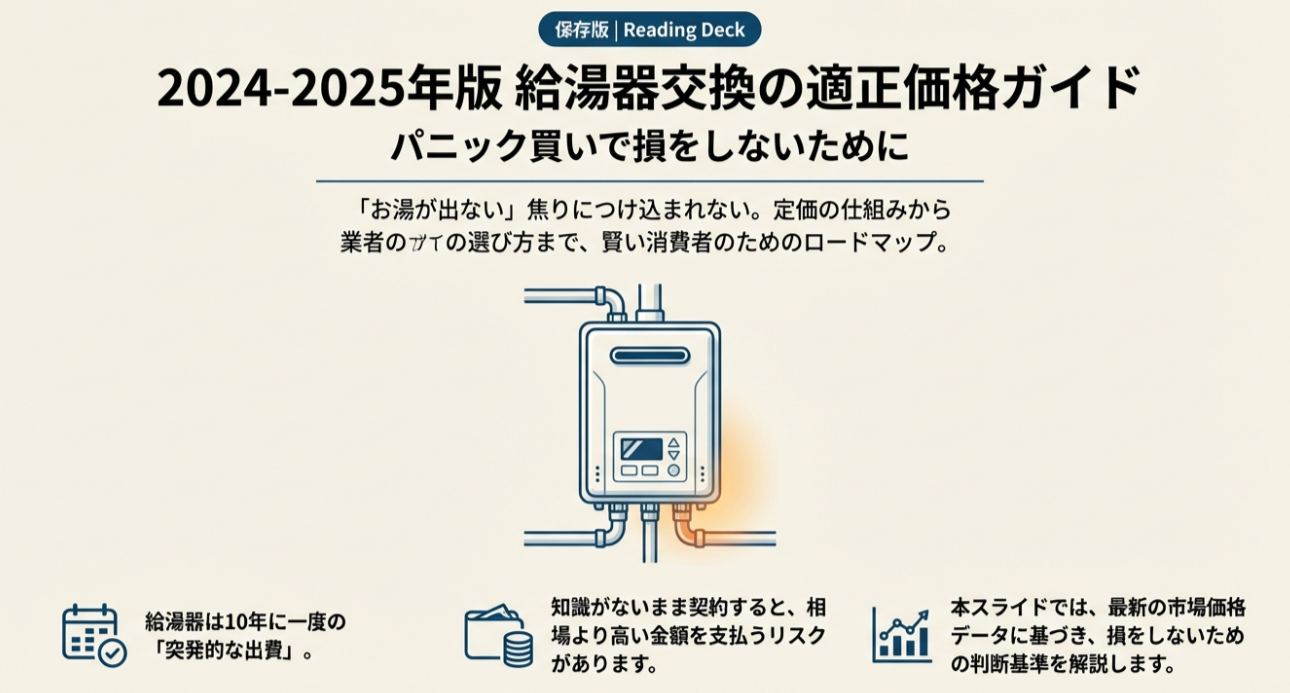 給湯器のイラストと配管が描かれた、「2024-2025年版 給湯器交換の適正価格ガイド」の表紙スライド。

2. 見出し「給湯器交換の費用相場と総額