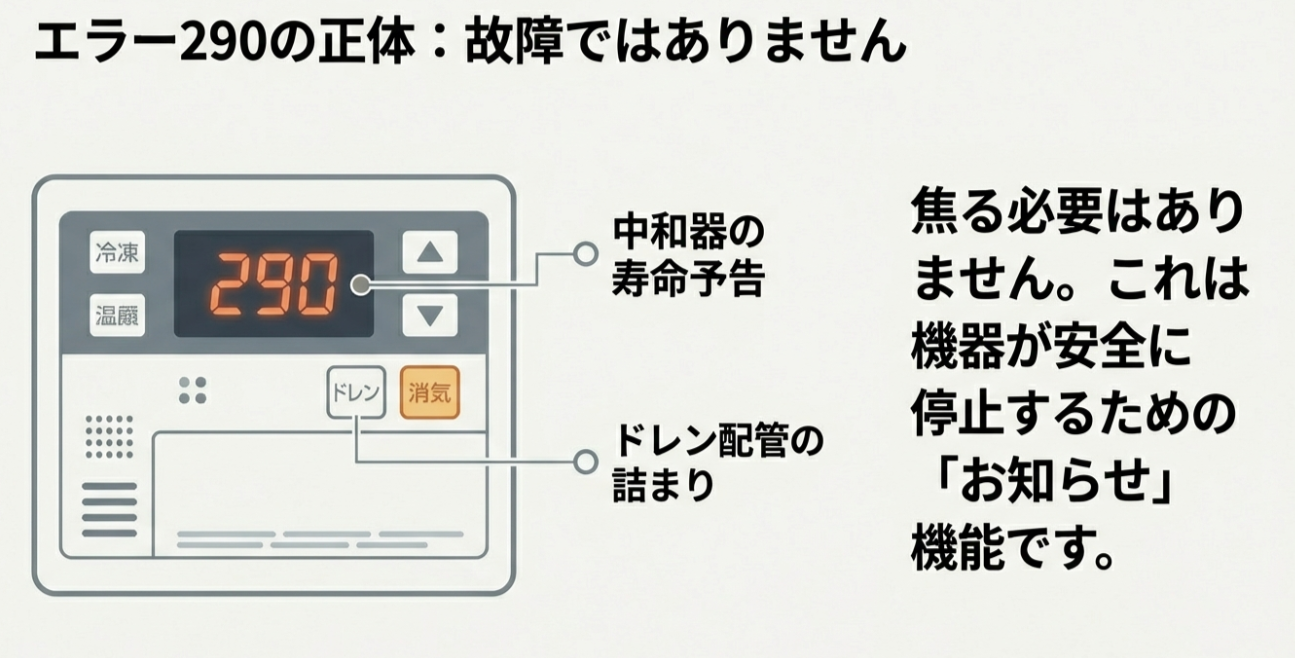 給湯器のリモコンに「290」が表示されている様子。中和器の寿命予告やドレン配管の詰まりをお知らせする機能であり、故障ではないことを説明する図。