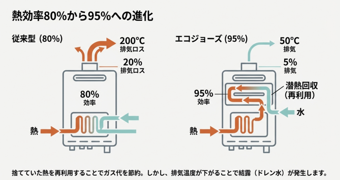 従来型は排気ロス20%で効率80%だが、エコジョーズは捨てていた熱を再利用(潜熱回収)することで効率95%まで向上し、排気温度が下がることでドレン水が発生する仕組みの図解。
