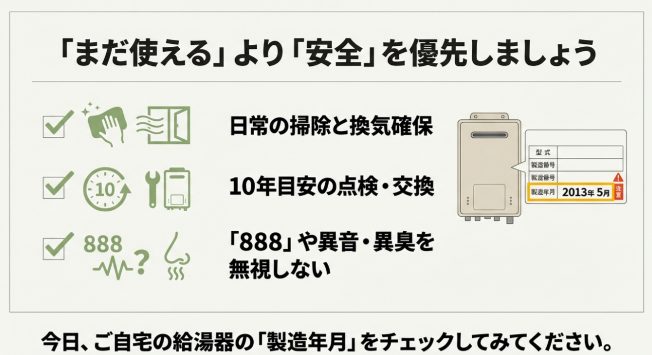 給湯器本体に貼られた銘板のイラスト。型式、製造番号に加え、製造年月（例：2013年5月）を確認するよう促している。