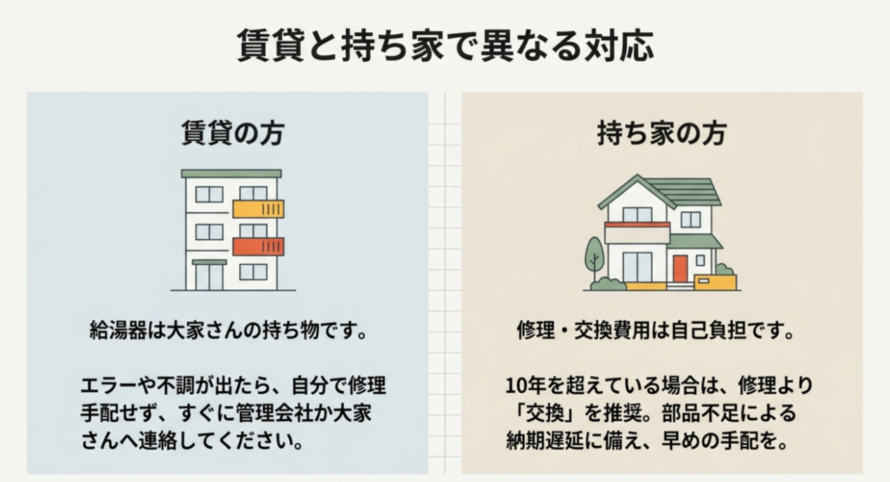 賃貸マンションと戸建て住宅のイラスト。賃貸の場合は管理会社や大家へ連絡すること、持ち家の場合は自己負担で交換対応が必要であることを対比している。