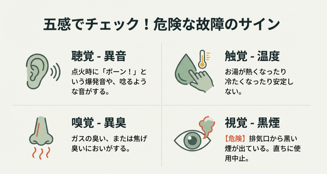 聴覚（異音）、触覚（温度異常）、嗅覚（異臭）、視覚（黒煙）のアイコン。それぞれの感覚で感知できる給湯器の不調サインを図解している。