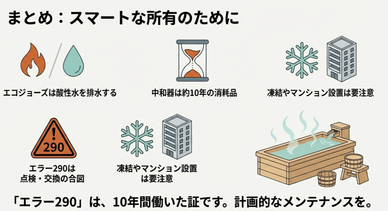 エコジョーズの特性(酸性水、10年寿命)、凍結・マンション設置の注意点、エラー290はメンテナンスのサインであることをまとめたインフォグラフィック。