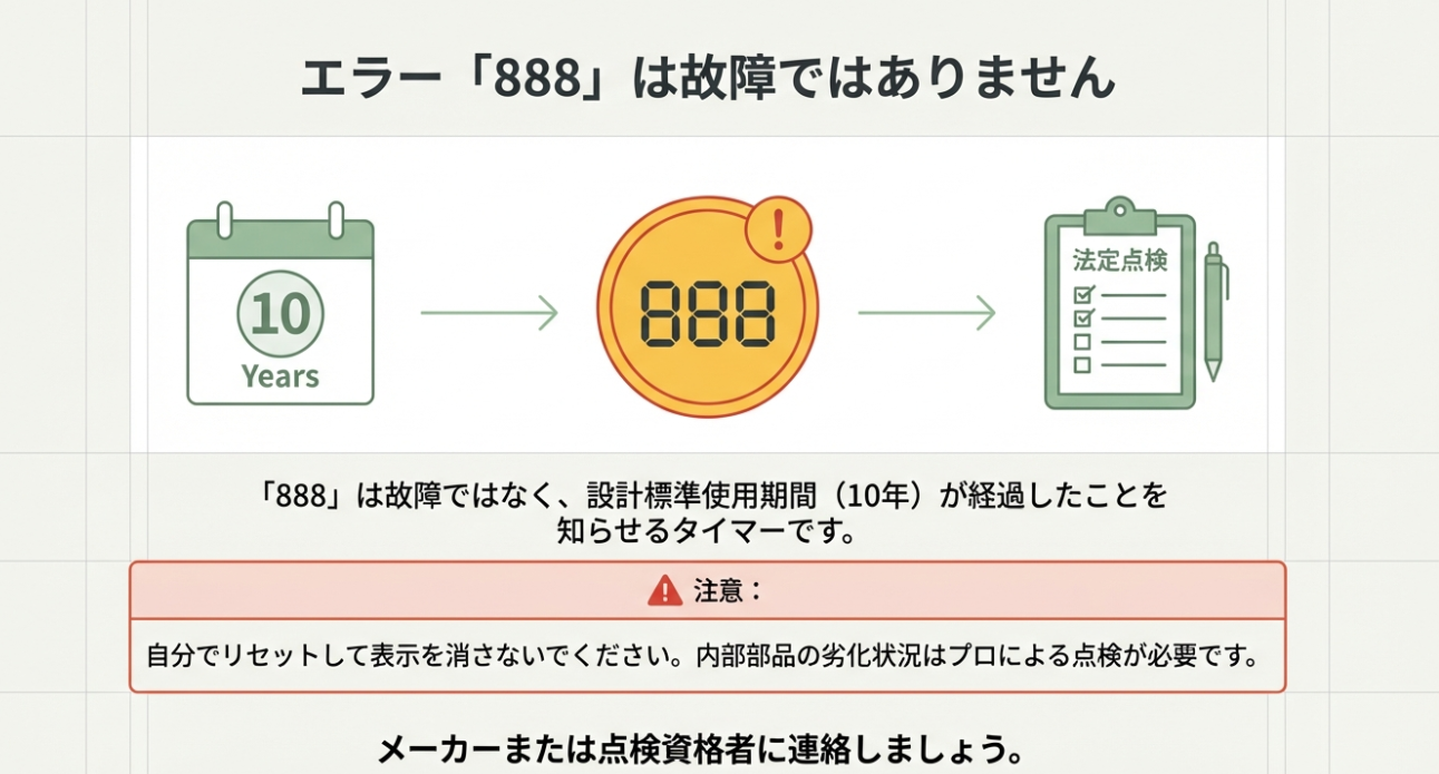 エラーコード888に関する解説。これは故障ではなく、設計標準使用期間の10年が経過したことを知らせるタイマー機能であることを強調している。