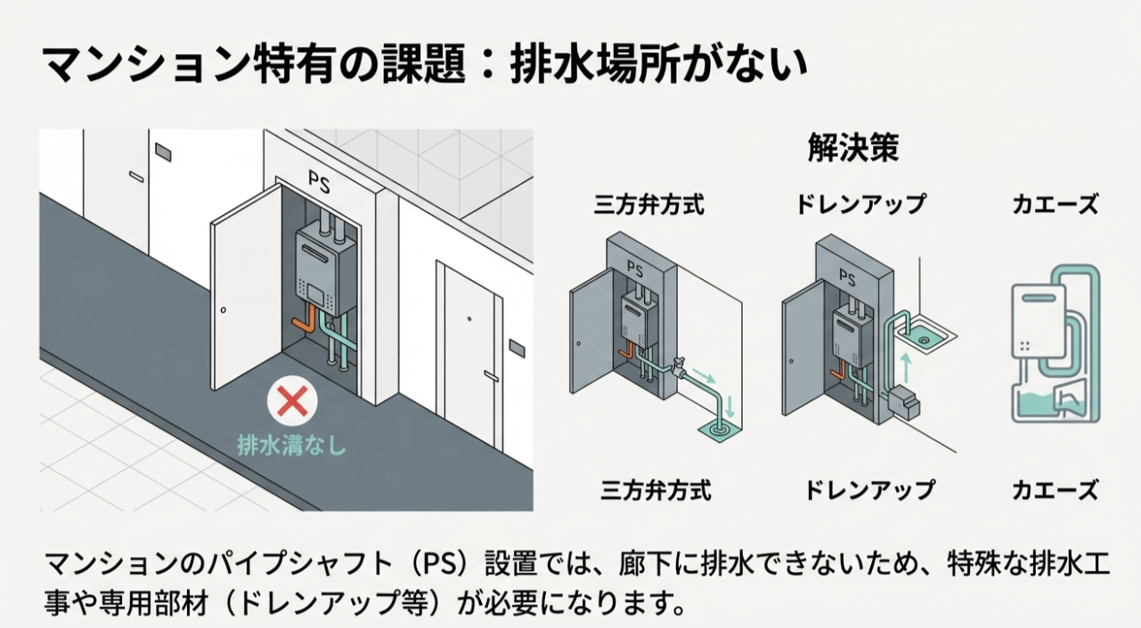 排水溝がないマンションのPS(パイプシャフト)設置において、三方弁方式、ドレンアップ、カエーズといった特殊な工法で排水を処理する解決案の比較図。