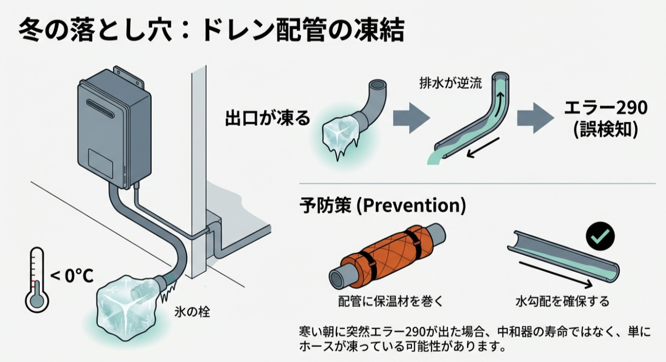 外気温が0度を下回り、ドレンホースの出口が凍って「氷の栓」ができることで排水が逆流し、エラー290が誤検知されるメカニズムの図解。