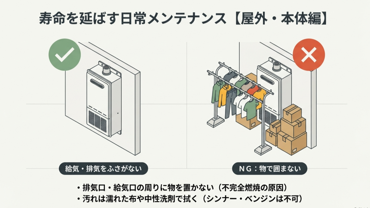 給湯器の周りの正しい状態と悪い状態の比較イラスト。周囲を物で囲んだり、排気口付近に物を置いたりするのはNGであることが描かれている。
