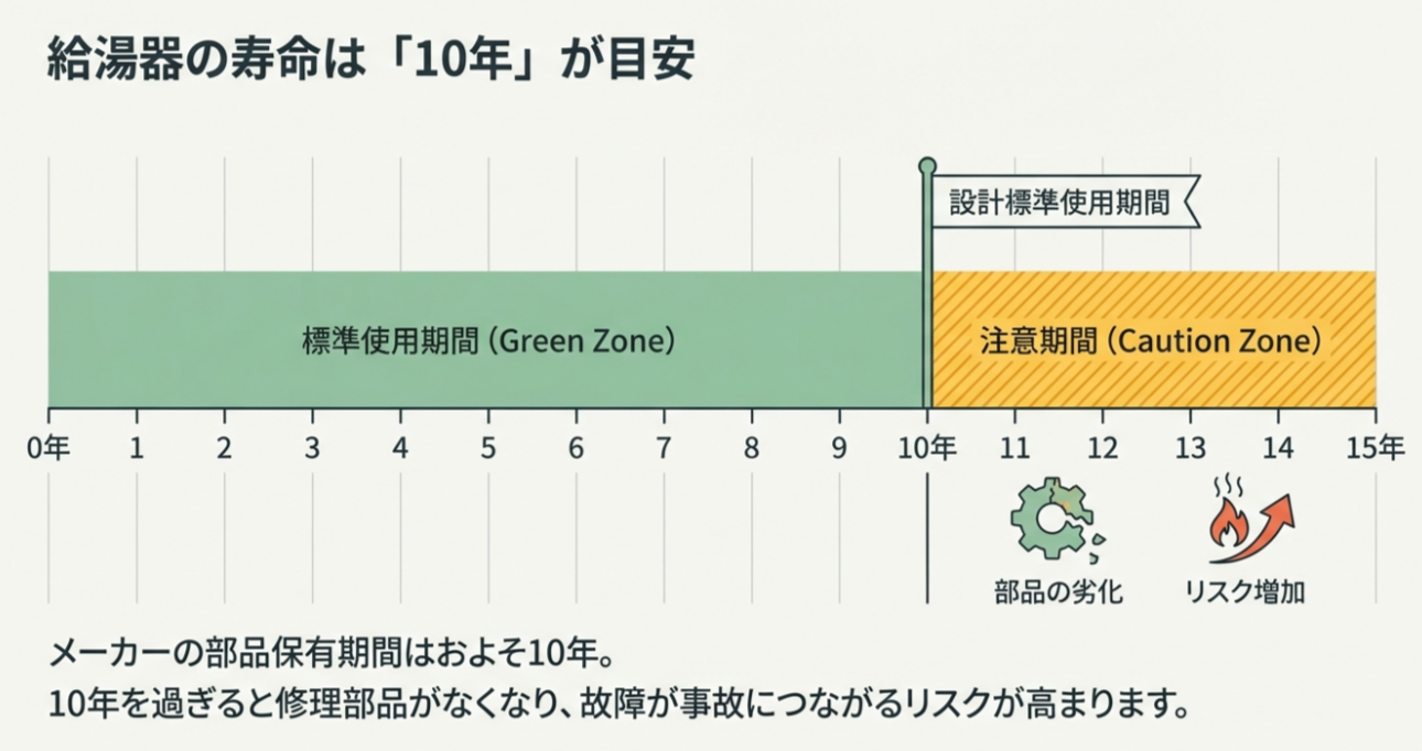 給湯器の使用年数とリスクを表すタイムライン。0〜10年は標準使用期間（緑色）、10年以降は故障リスクが高まる注意期間（黄色）として示されている。