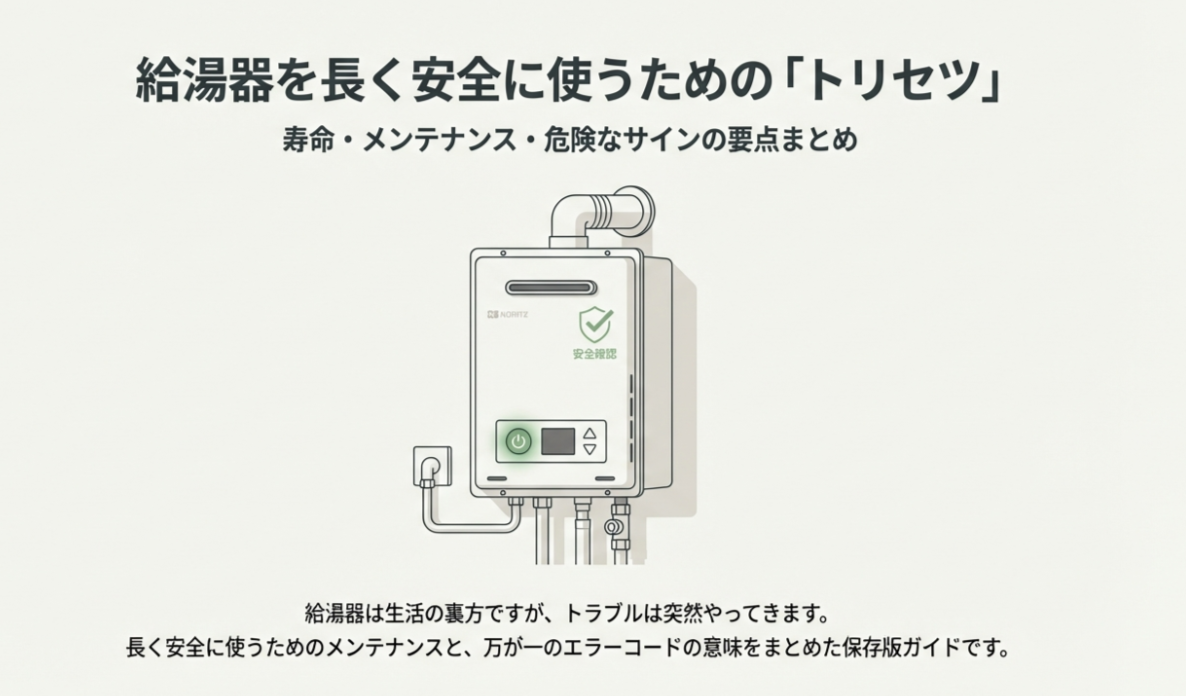 ガス給湯器のイラスト。安全確認マークと電源ボタンが強調されており、長く安全に使うためのガイドであることを示している。