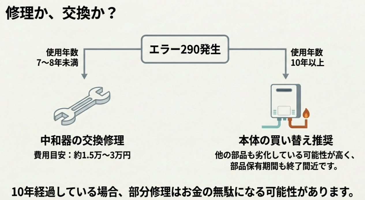 使用年数7〜8年未満なら中和器の交換修理(1.5〜3万円)を推奨、10年以上の場合は他の部品劣化や部品保有期間を考慮して本体の買い替えを推奨するフロー図。